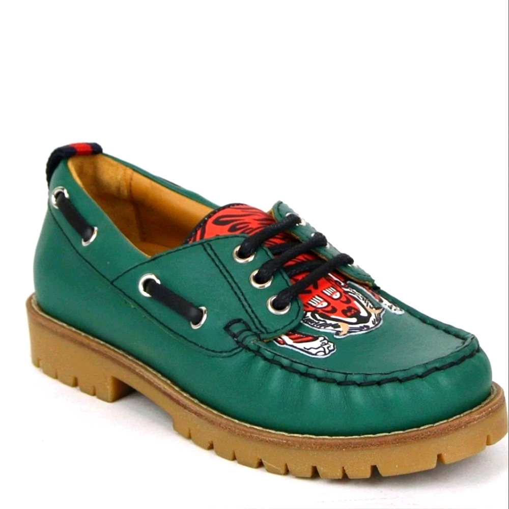 NWT$420 Gucci Boy's Green Leather Loafer w/ Red Animal Print Sz Gucci 30 US 12.5 - Picture 2 of 12